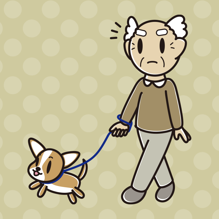 【フリー素材】犬の散歩で何かに気付くおじいさんのイラスト