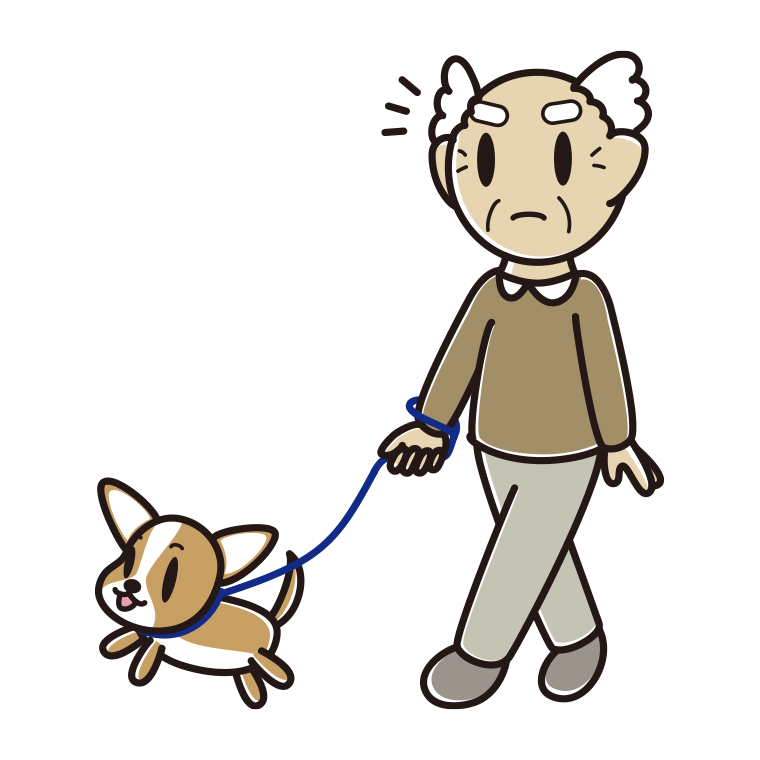 犬の散歩で何かに気付くおじいさんのイラスト【色あり、背景なし】透過PNG
