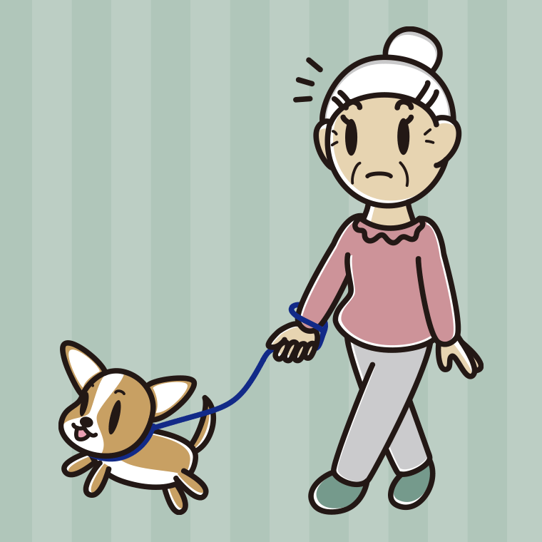【フリー素材】犬の散歩で何かに気付くおばあさんのイラスト