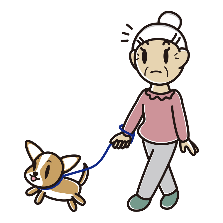 犬の散歩で何かに気付くおばあさんのイラスト【色あり、背景なし】透過PNG