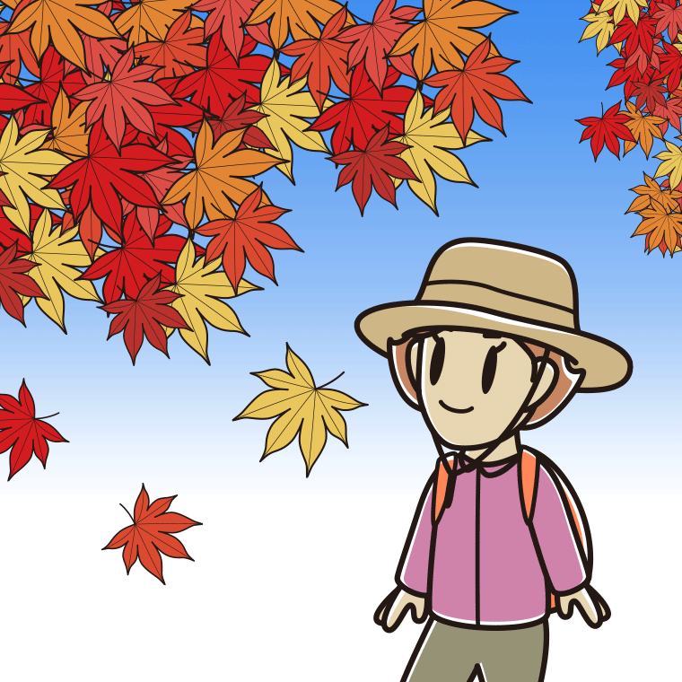 紅葉狩りをする女性のイラスト【色、背景あり】PNG