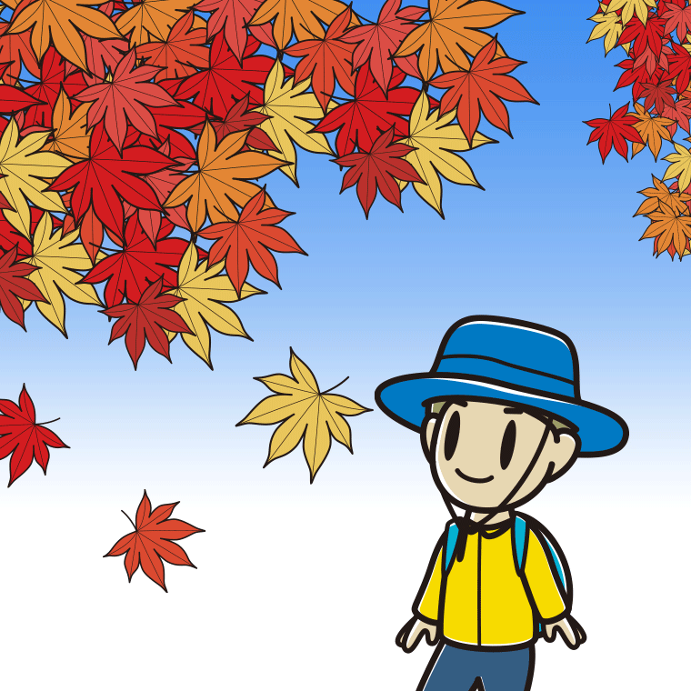 紅葉狩りをする小学生男子のイラスト【色、背景あり】PNG