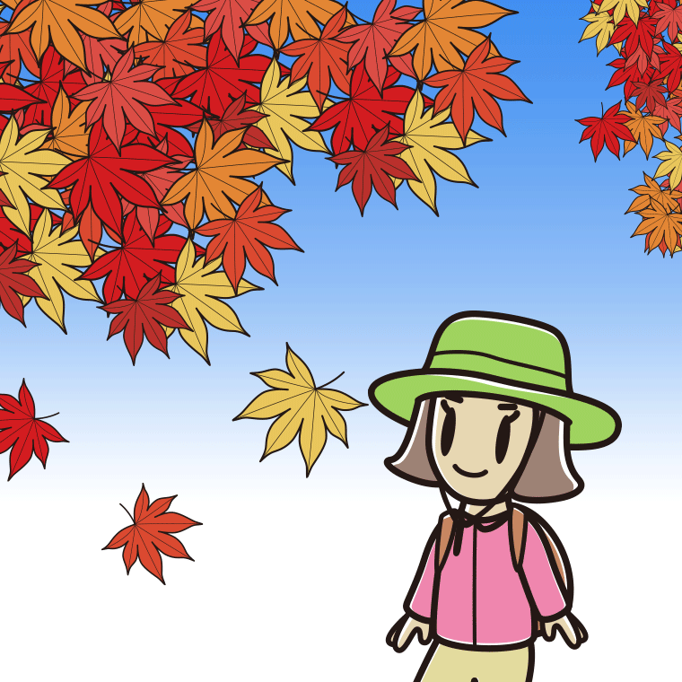 紅葉狩りをする小学生女子のイラスト【色、背景あり】PNG