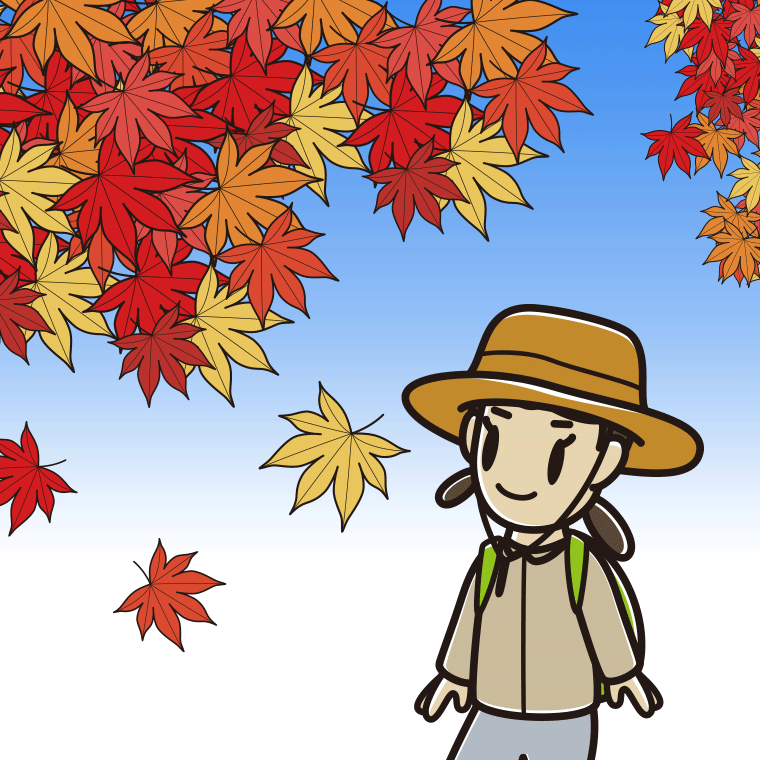 紅葉狩りをする女子中学生のイラスト【色、背景あり】PNG
