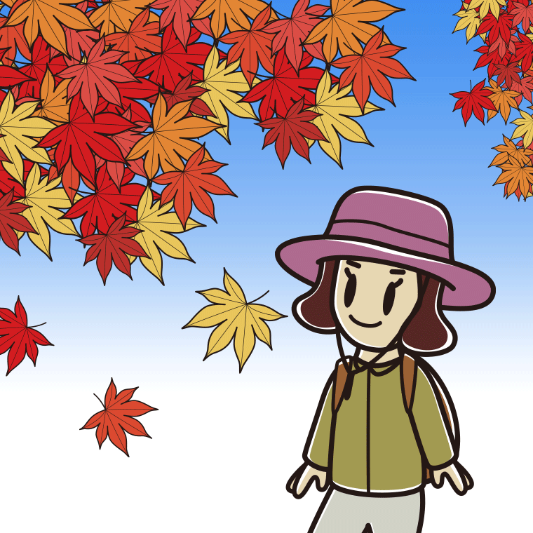 紅葉狩りをする女子高校生のイラスト【色、背景あり】PNG