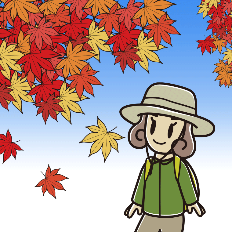 紅葉狩りをする女子大学生のイラスト【色、背景あり】PNG