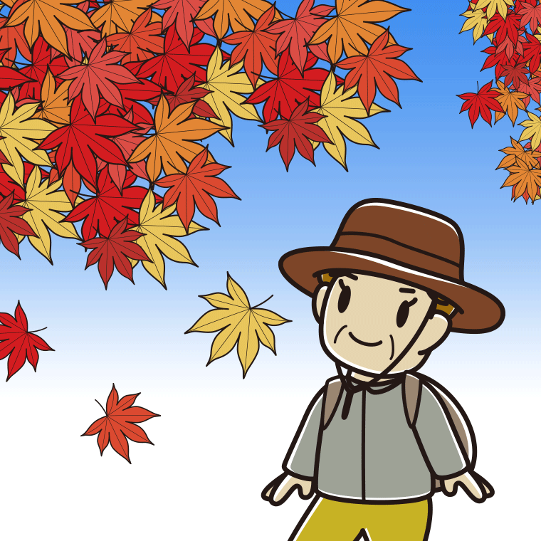 紅葉狩りをするおばさんのイラスト【色、背景あり】PNG