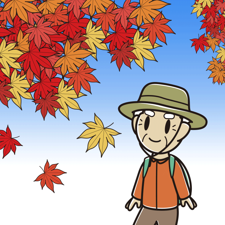 紅葉狩りをするおじいさんのイラスト【色、背景あり】PNG