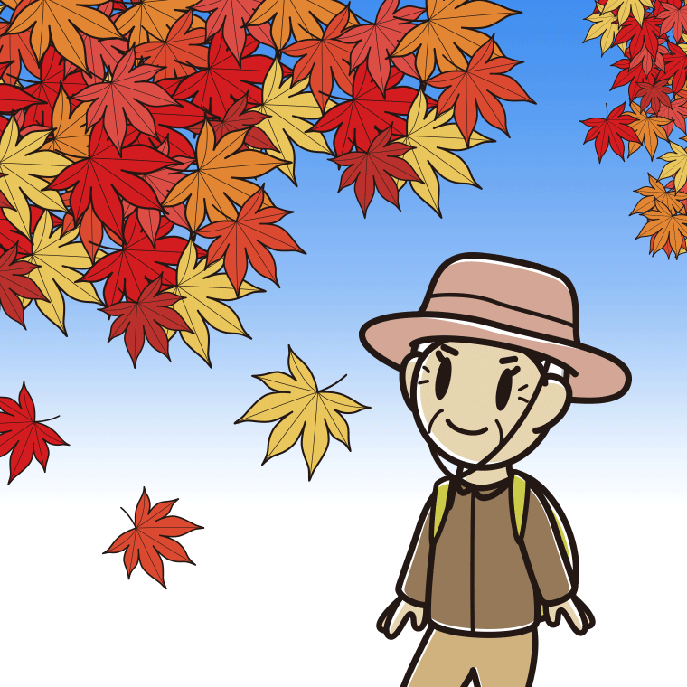 紅葉狩りをするおばあさんのイラスト【色、背景あり】PNG