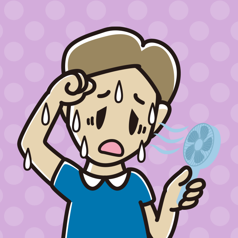 汗だくでハンディファンを使う男性のイラスト【色、背景あり】PNG