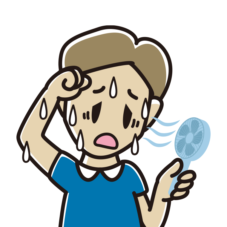 汗だくでハンディファンを使う男性のイラスト【色あり、背景なし】透過PNG