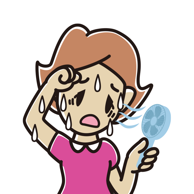 汗だくでハンディファンを使う女性のイラスト【色あり、背景なし】透過PNG