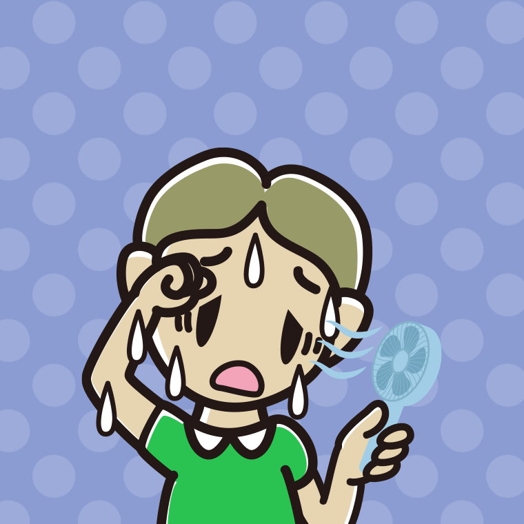 汗だくでハンディファンを使う小学生男子のイラスト【色、背景あり】PNG