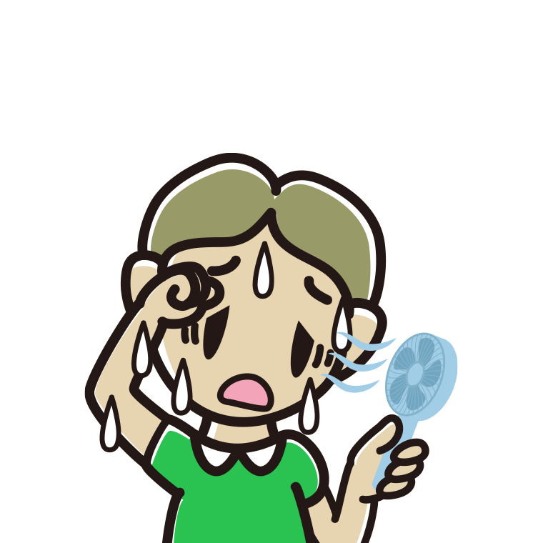 汗だくでハンディファンを使う小学生男子のイラスト【色あり、背景なし】透過PNG