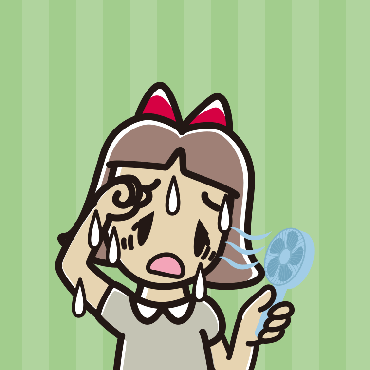 汗だくでハンディファンを使う小学生女子のイラスト【色、背景あり】PNG