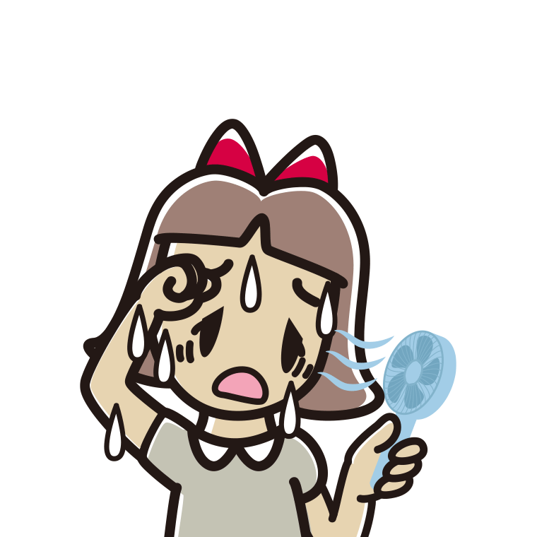 汗だくでハンディファンを使う小学生女子のイラスト【色あり、背景なし】透過PNG