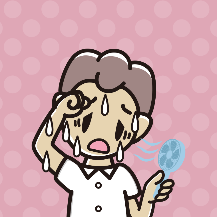 汗だくでハンディファンを使う男子中学生のイラスト【色、背景あり】PNG