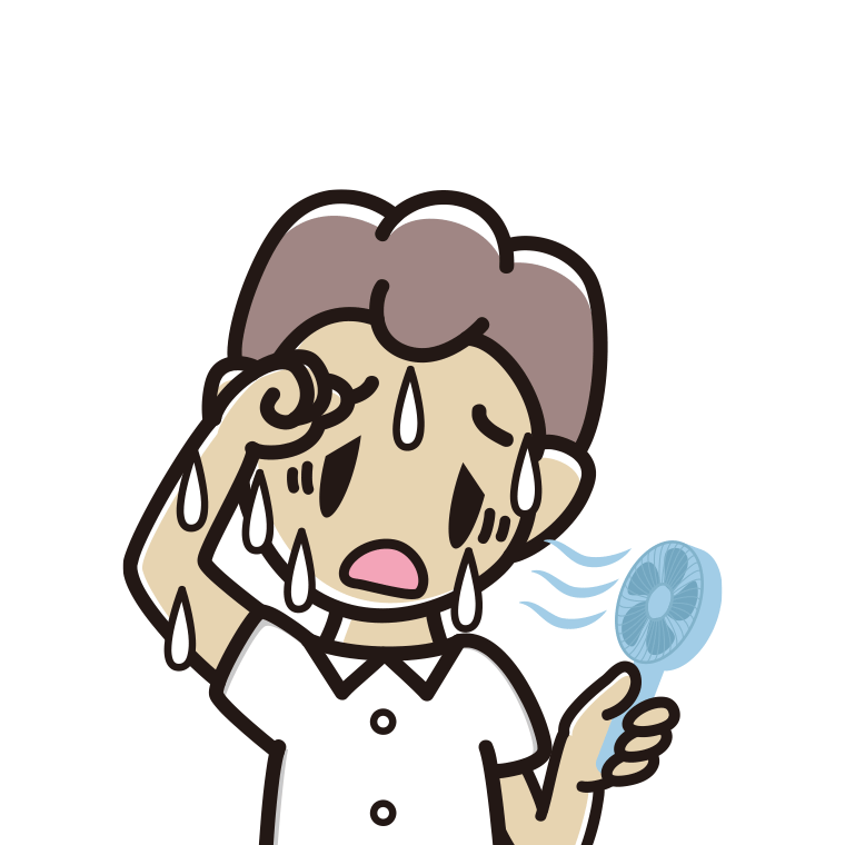 汗だくでハンディファンを使う男子中学生のイラスト【色あり、背景なし】透過PNG