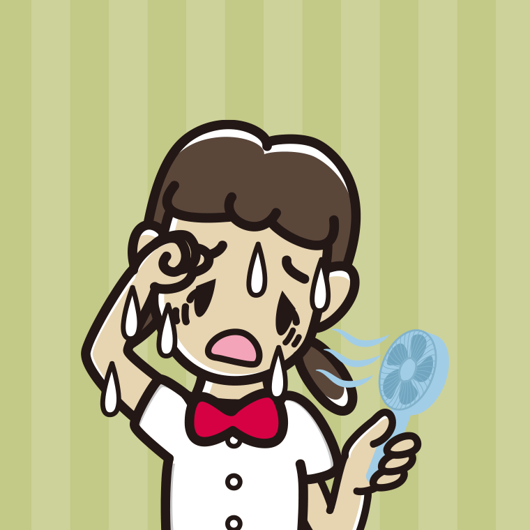 汗だくでハンディファンを使う女子中学生のイラスト【色、背景あり】PNG