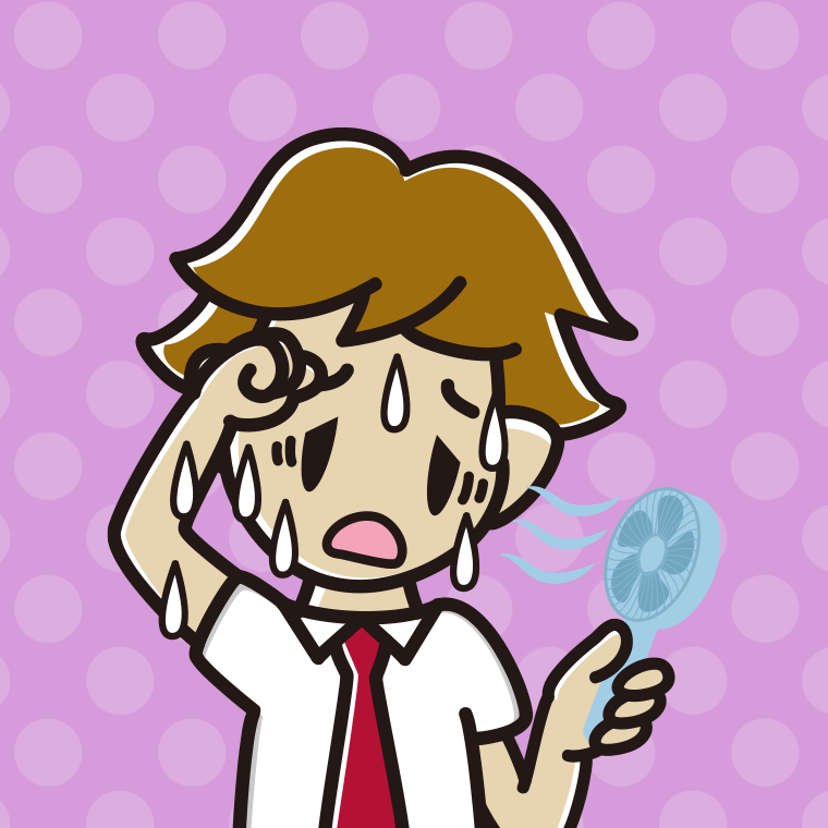 汗だくでハンディファンを使う男子高校生のイラスト【色、背景あり】PNG