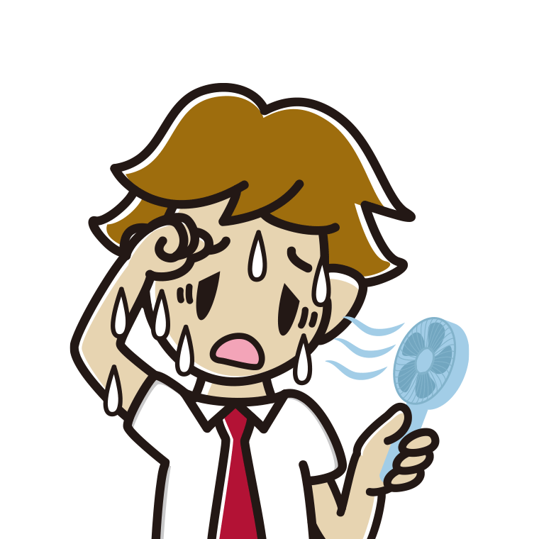 汗だくでハンディファンを使う男子高校生のイラスト【色あり、背景なし】透過PNG