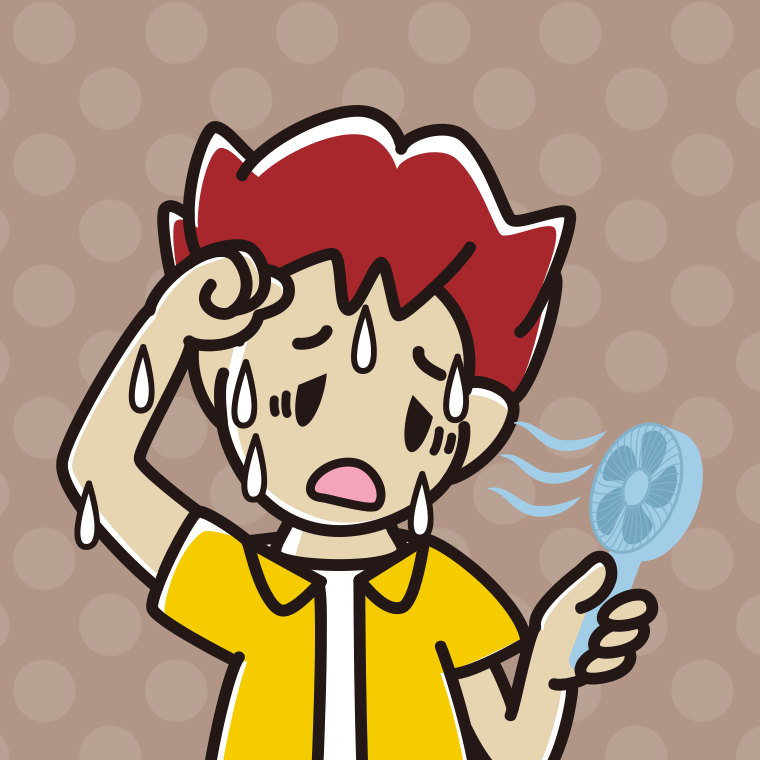 汗だくでハンディファンを使う男子大学生のイラスト【色、背景あり】PNG