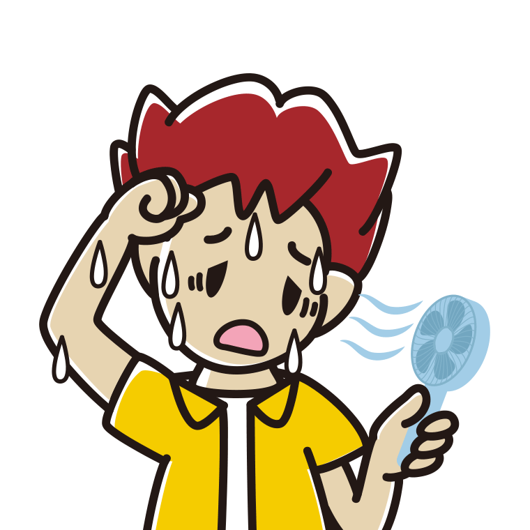 汗だくでハンディファンを使う男子大学生のイラスト【色あり、背景なし】透過PNG