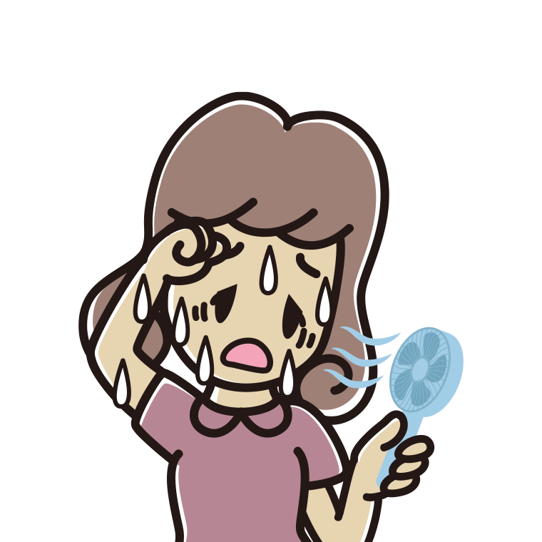 汗だくでハンディファンを使う女子大学生のイラスト【色あり、背景なし】透過PNG