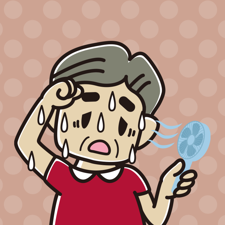 汗だくでハンディファンを使うおじさんのイラスト【色、背景あり】PNG