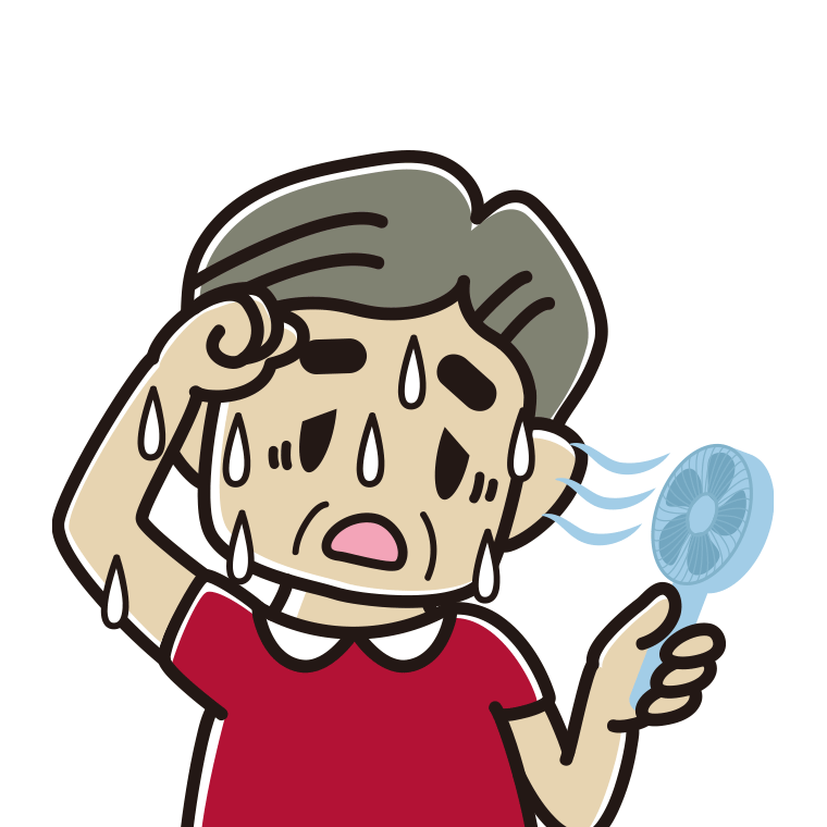汗だくでハンディファンを使うおじさんのイラスト【色あり、背景なし】透過PNG
