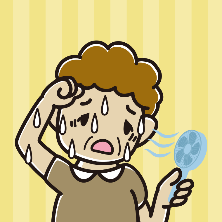 汗だくでハンディファンを使うおばさんのイラスト【色、背景あり】PNG