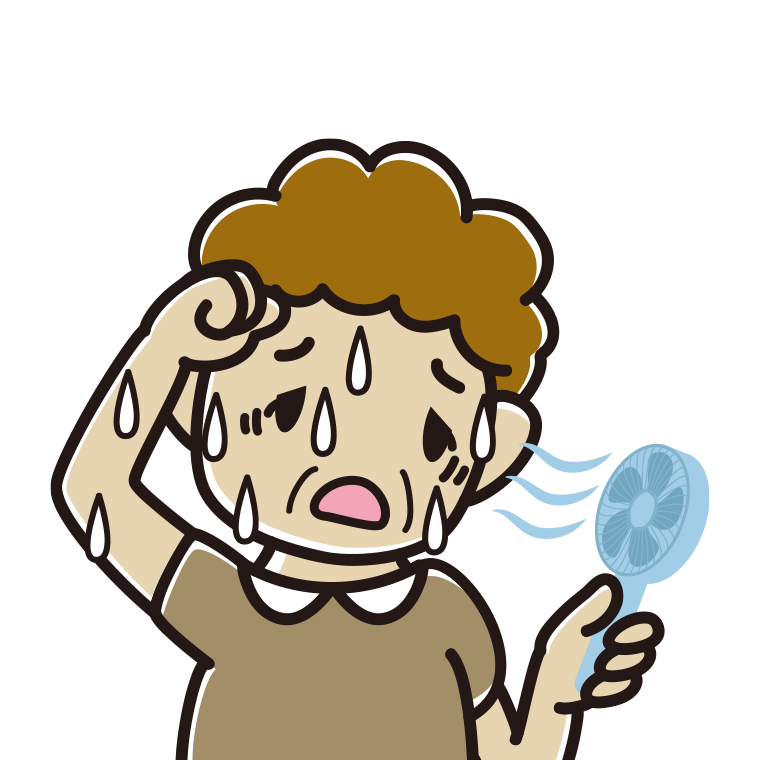 汗だくでハンディファンを使うおばさんのイラスト【色あり、背景なし】透過PNG