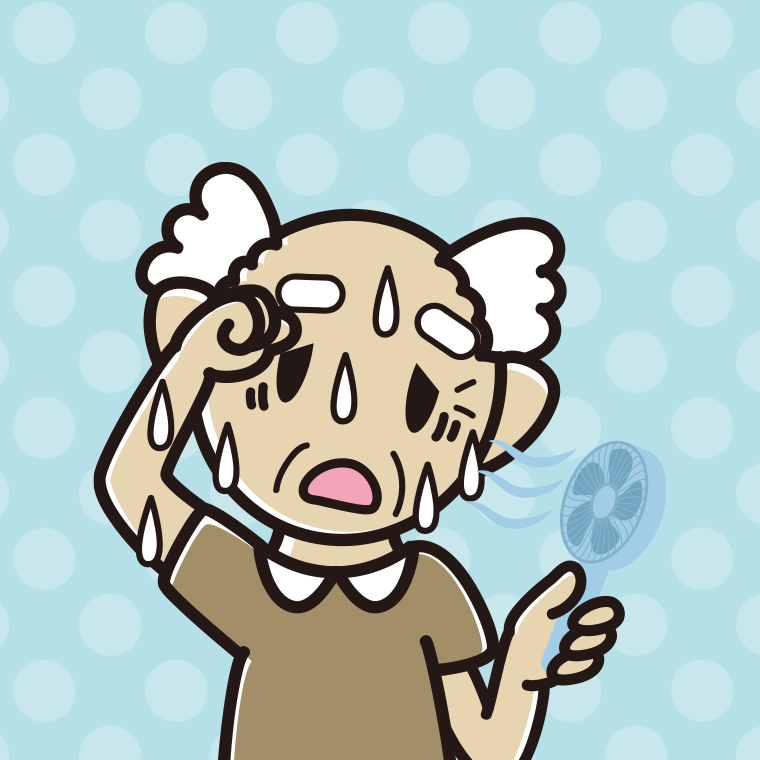汗だくでハンディファンを使うおじいさんのイラスト【色、背景あり】PNG