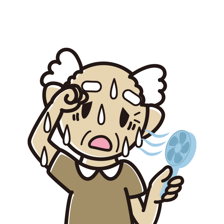 汗だくでハンディファンを使うおじいさんのイラスト【色あり、背景なし】透過PNG