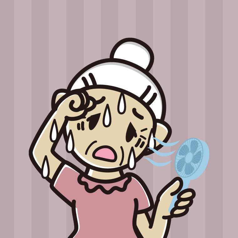 汗だくでハンディファンを使うおばあさんのイラスト【色、背景あり】PNG