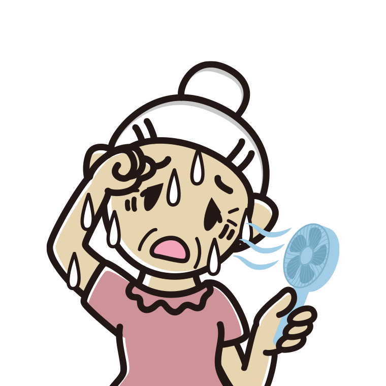 汗だくでハンディファンを使うおばあさんのイラスト【色あり、背景なし】透過PNG