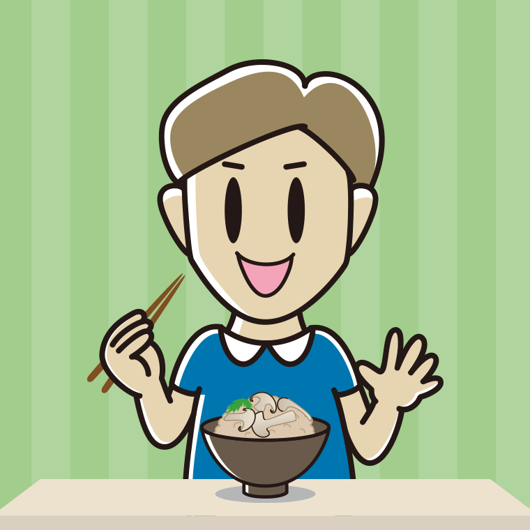 松茸ごはんを食べる男性のイラスト【色、背景あり】PNG