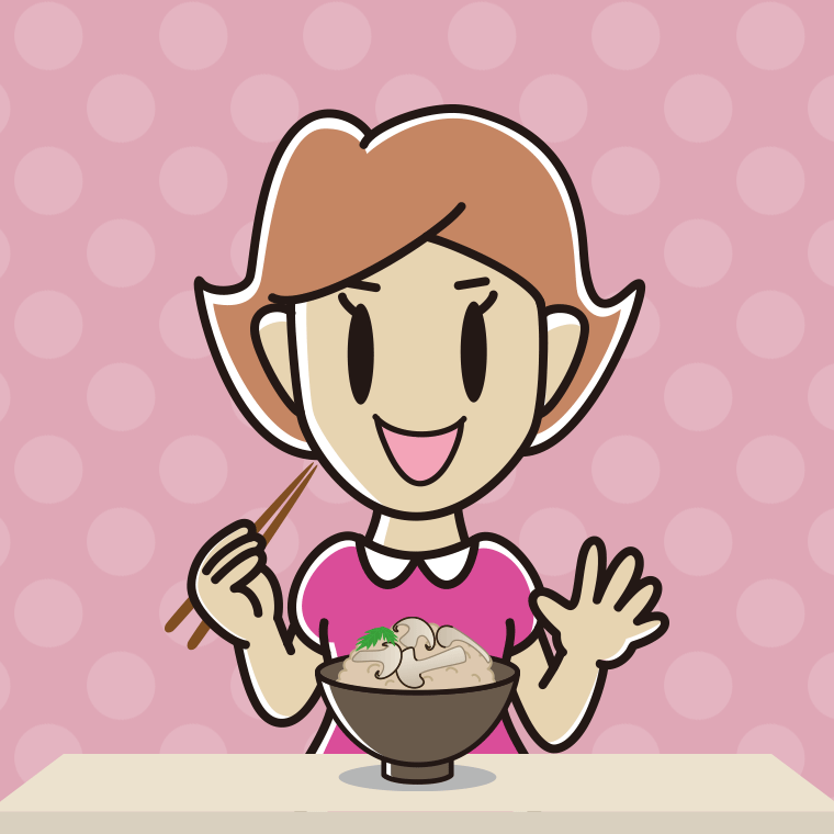 松茸ごはんを食べる女性のイラスト【色、背景あり】PNG