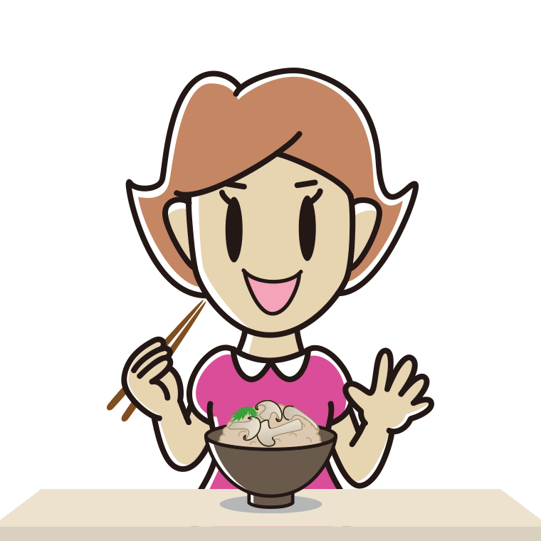 松茸ごはんを食べる女性のイラスト【色あり、背景なし】透過PNG