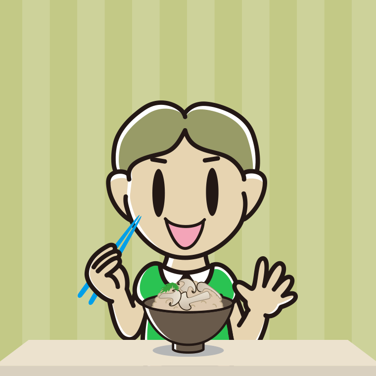 松茸ごはんを食べる小学生男子のイラスト【色、背景あり】PNG