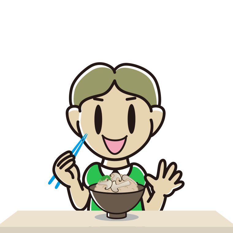 松茸ごはんを食べる小学生男子のイラスト【色あり、背景なし】透過PNG