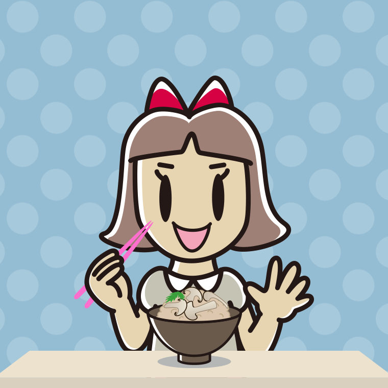 松茸ごはんを食べる小学生女子のイラスト【色、背景あり】PNG