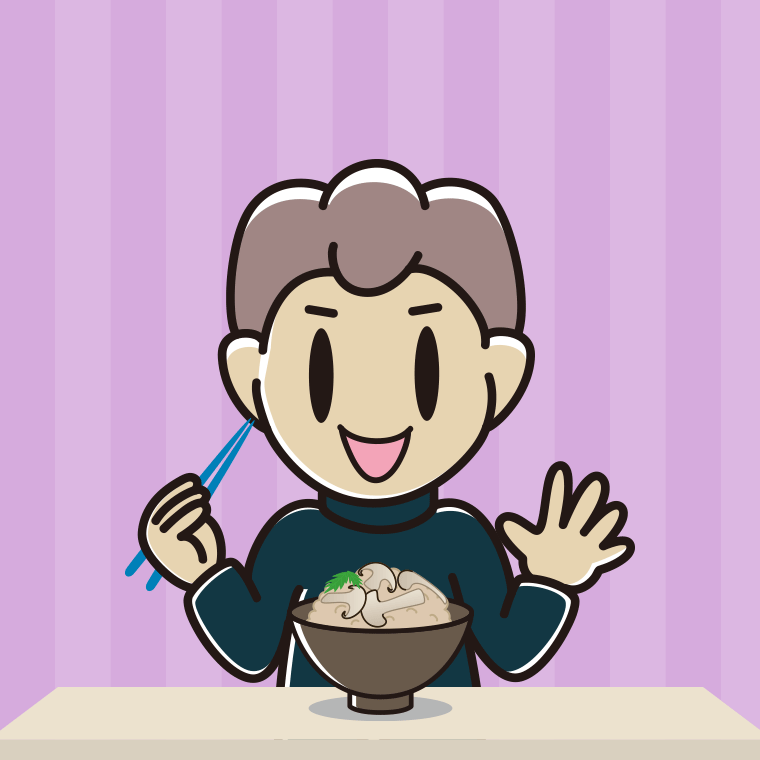 松茸ごはんを食べる男子中学生のイラスト【色、背景あり】PNG