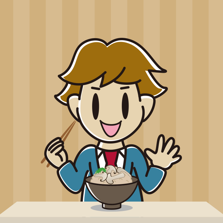 松茸ごはんを食べる男子高校生のイラスト【色、背景あり】PNG