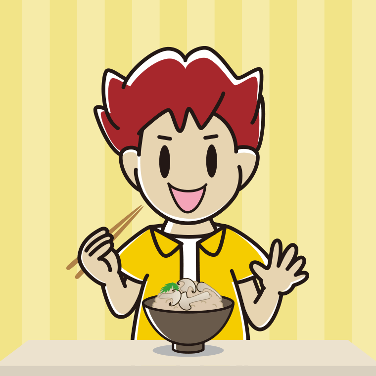 松茸ごはんを食べる男子大学生のイラスト【色、背景あり】PNG