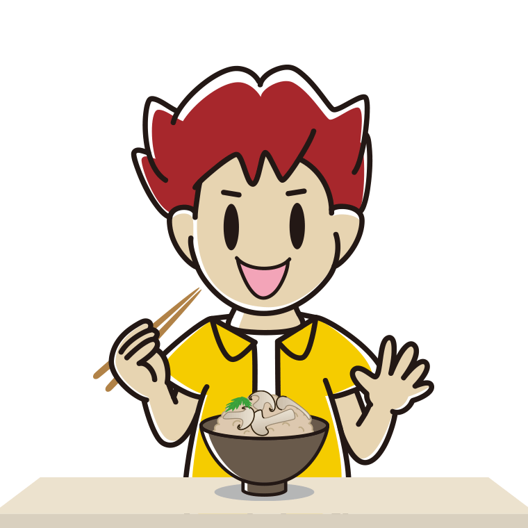松茸ごはんを食べる男子大学生のイラスト【色あり、背景なし】透過PNG