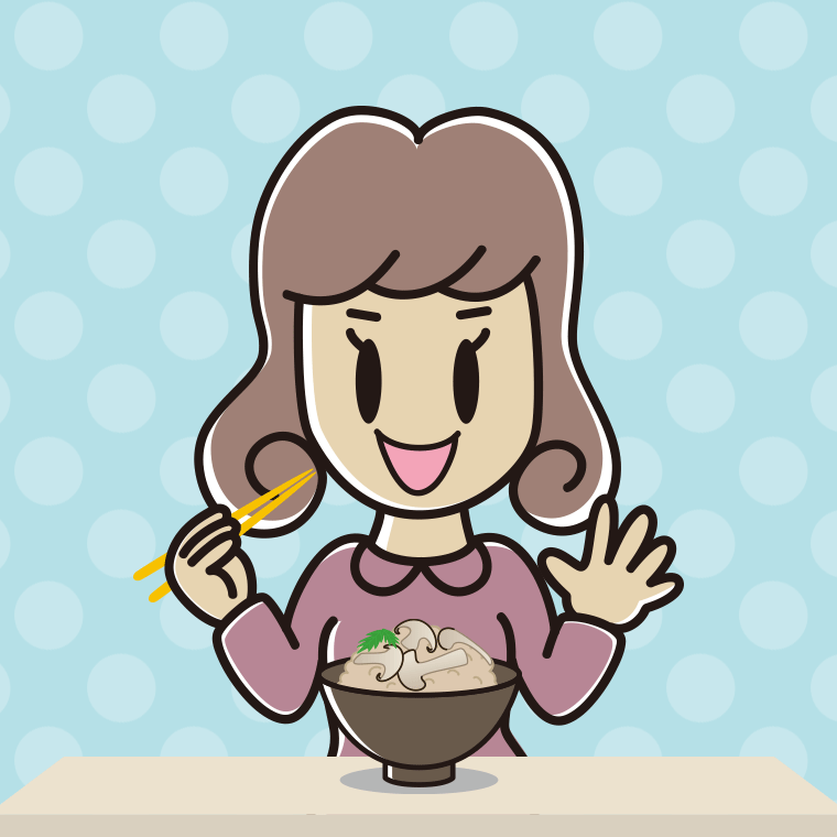 松茸ごはんを食べる女子大学生のイラスト【色、背景あり】PNG
