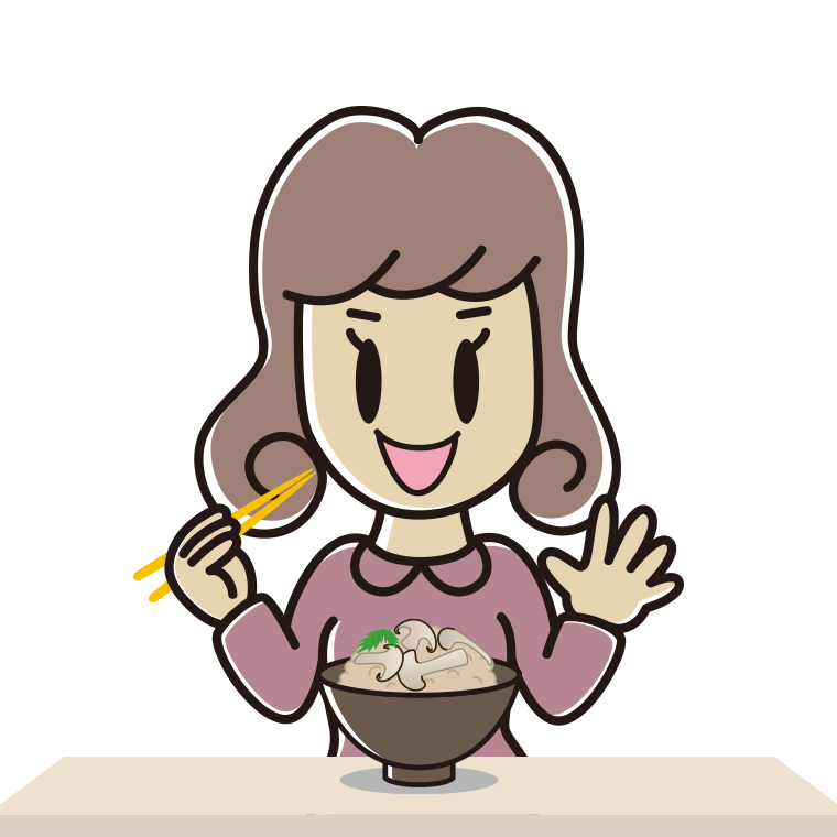 松茸ごはんを食べる女子大学生のイラスト【色あり、背景なし】透過PNG
