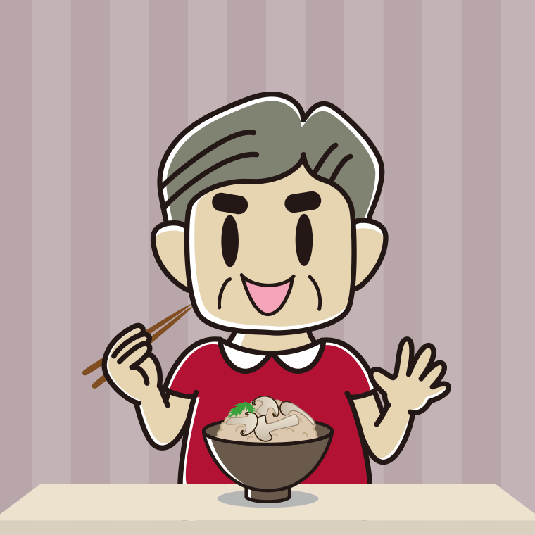 松茸ごはんを食べるおじさんのイラスト【色、背景あり】PNG