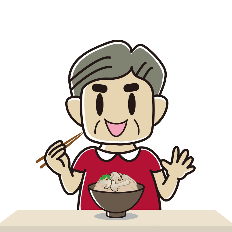 松茸ごはんを食べるおじさんのイラスト【色あり、背景なし】透過PNG